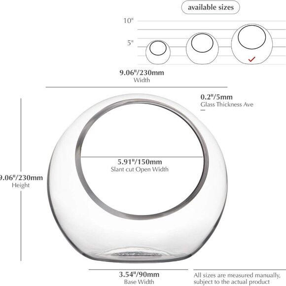 WGV Slant Cut Bowl Glass Vase, Width 9", Height 9", Clear Round Globe Planter Te - Picture 3 of 7